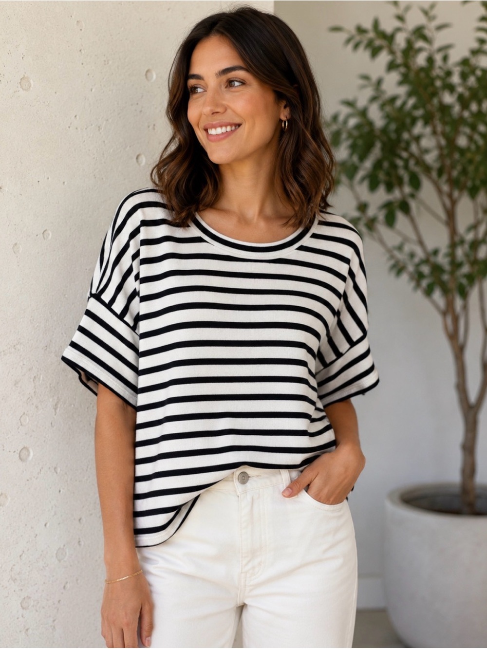 NWT Anne Taylor Weekend Striped Navy Blue and White Short Sleeve Knit Top